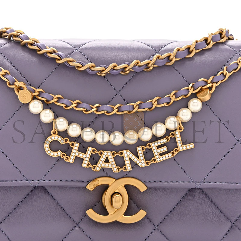 Ch**el MASTER SHINY LAMBSKIN QUILTED MINI PEARL LOGO FLAP LIGHT PURPLE (18*13*6cm)